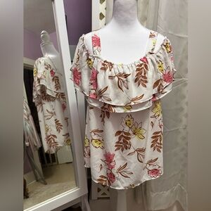 Apt. 9 Cream Floral Off-Shoulder Tunic with Pink & Yellow Blooms